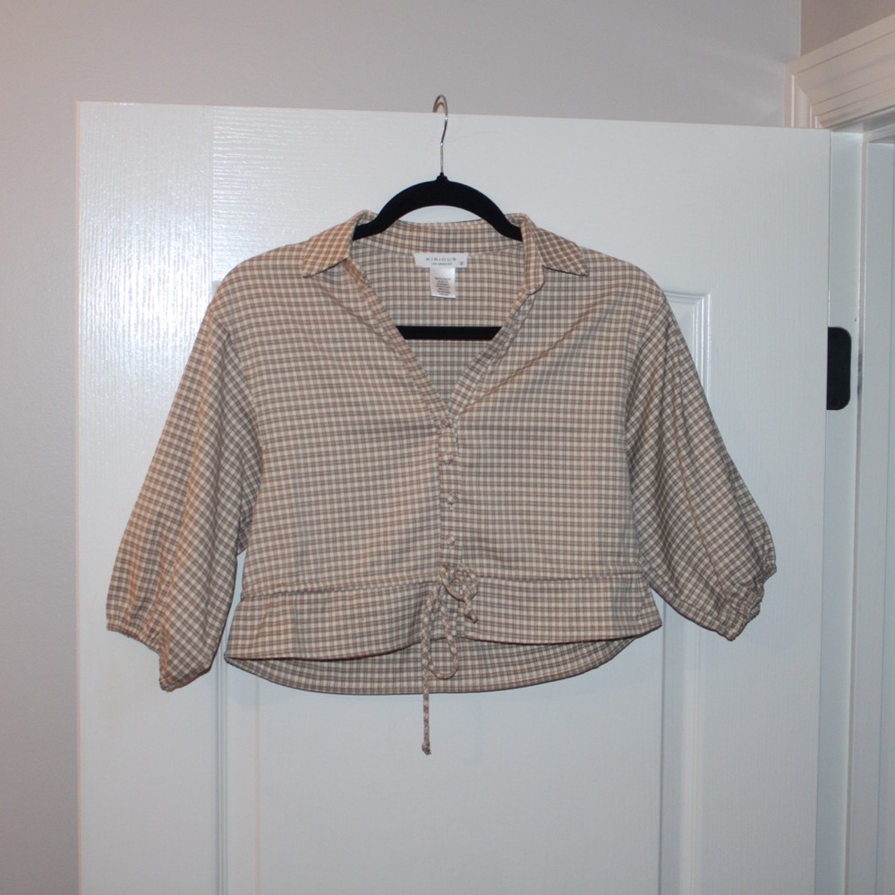 Brown Plaid V-Neck Cropped Blouse